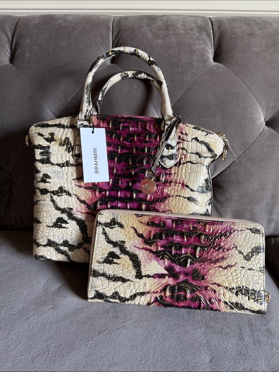 Brahmin Handbags - Brahmin Ivory, Black & Magenta Embossed Satchel with Wallet
